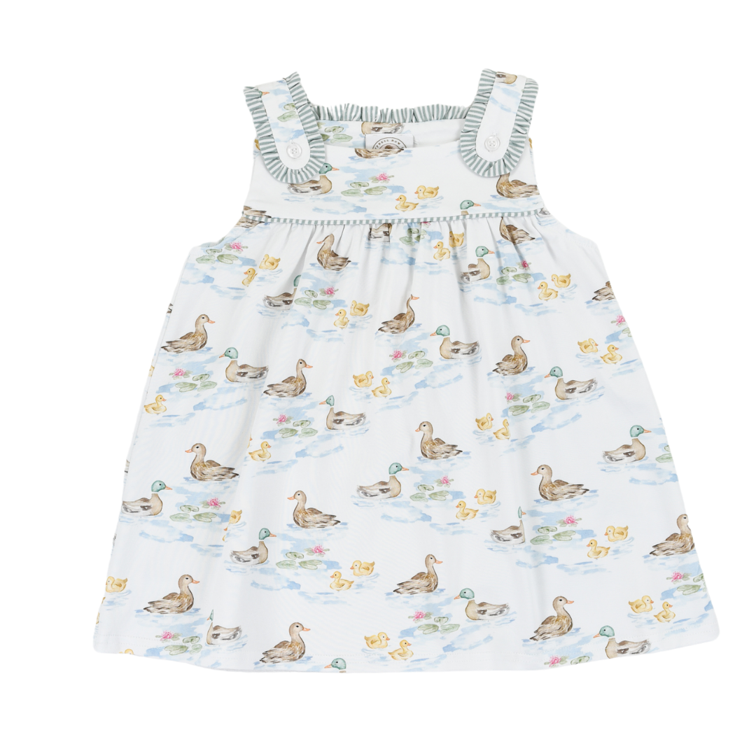 Darling Ducks Stella Sun Dress by Cypress Row shown in a vibrant, lightweight fabric with floral pattern and adjustable straps.