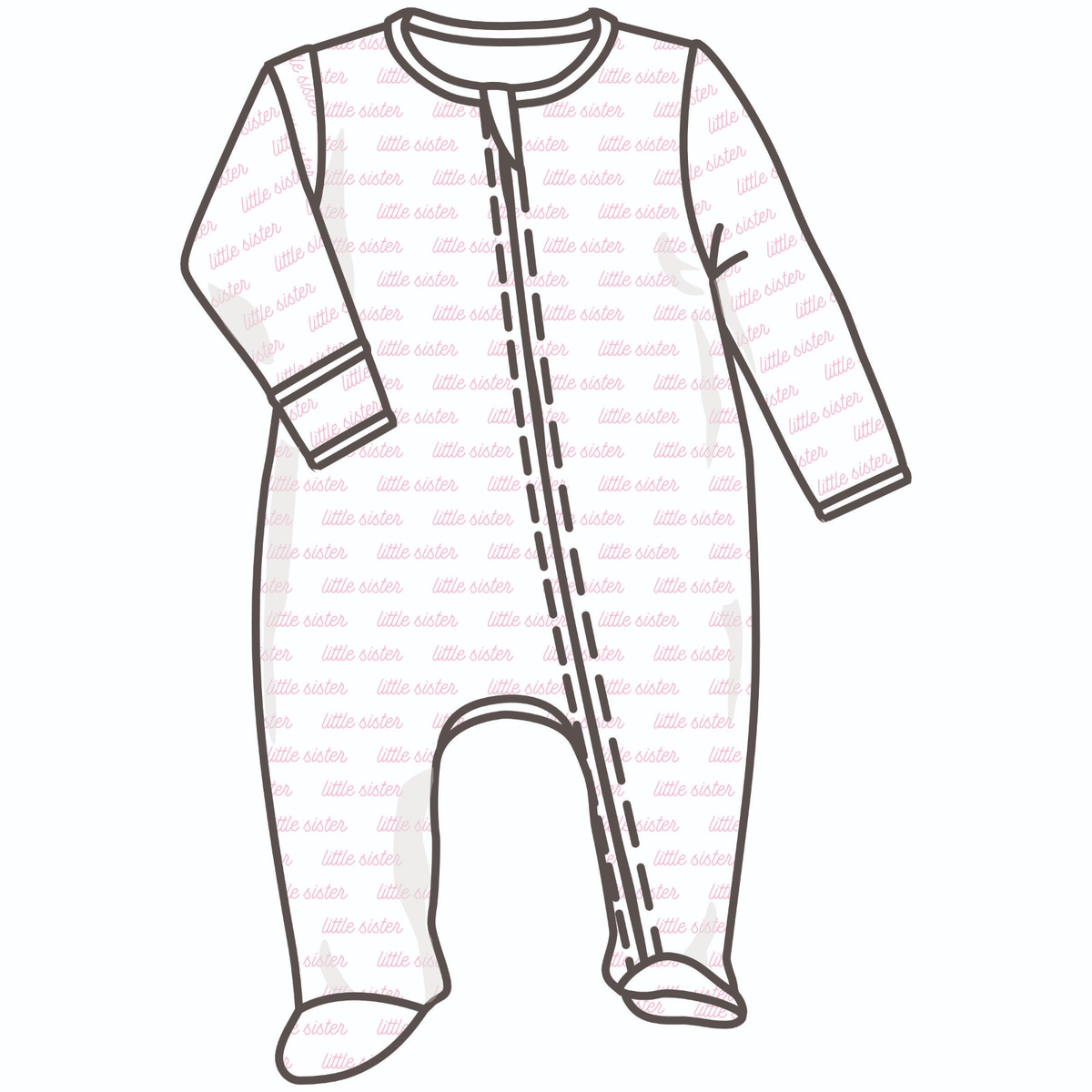 Magnolia Baby Little Sister print zip footie for infants, featuring a soft fabric with cute floral design and full-length zipper.