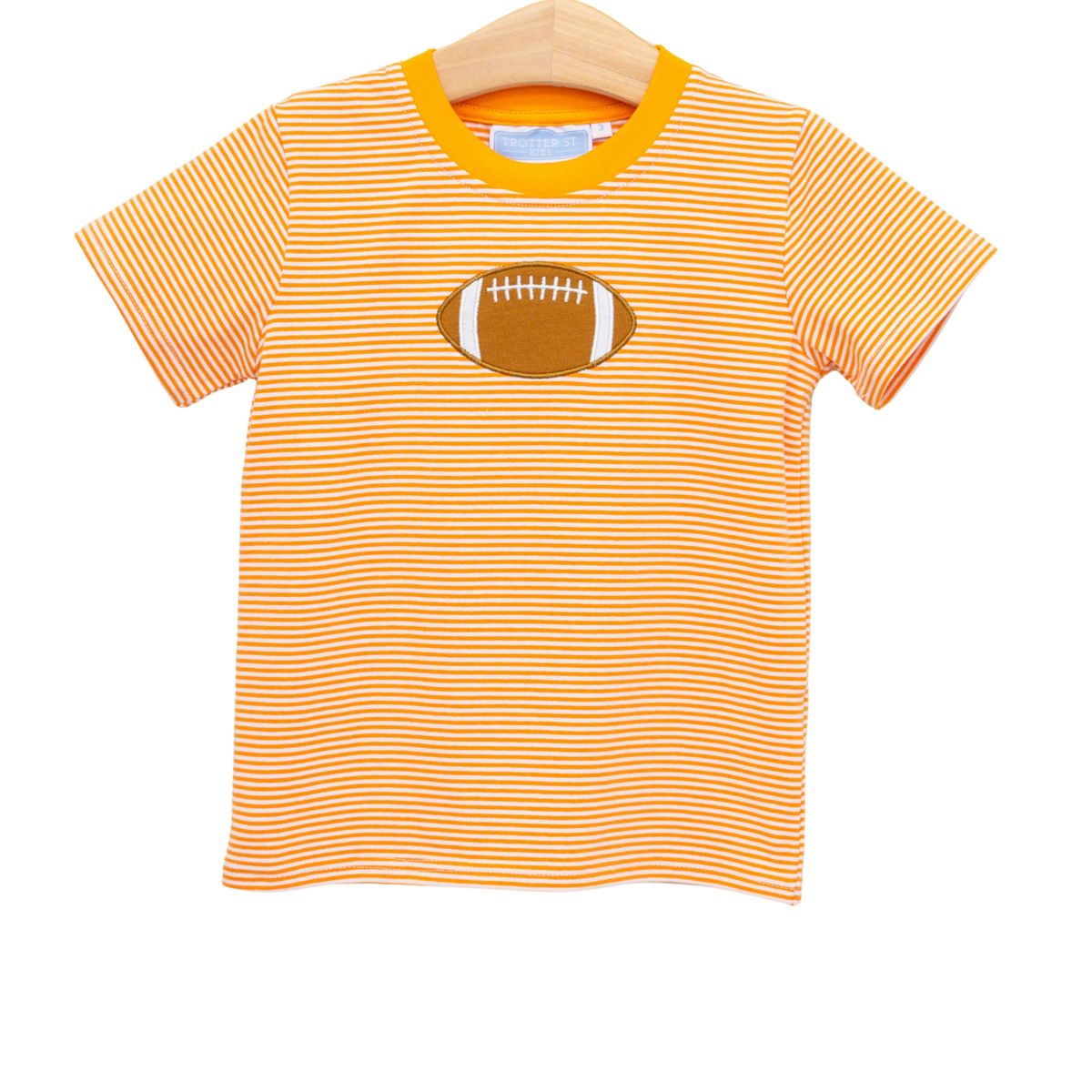 Orange and white striped football applique T-shirt by Trotter Street, featuring a sporty design with football detail.