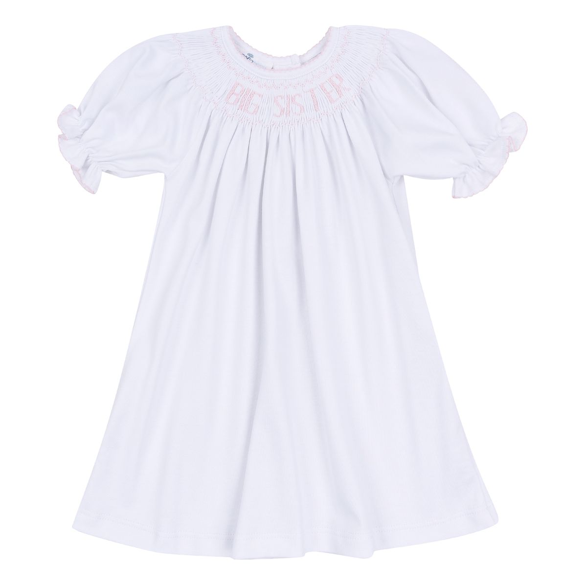 Pink Big Sister Bishop S/S toddler dress by Magnolia Baby, featuring short sleeves and a comfortable, stylish design for little girls.