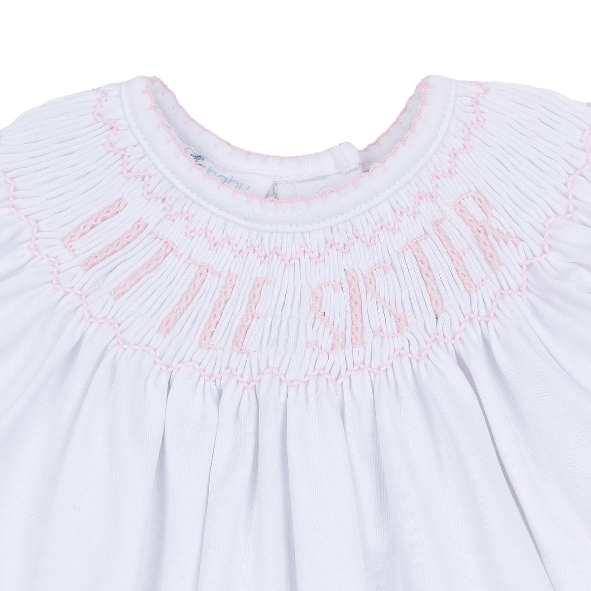 Pink Little Sister Bishop Footie by Magnolia Baby, soft cotton baby onesie with short sleeves and snap closures.