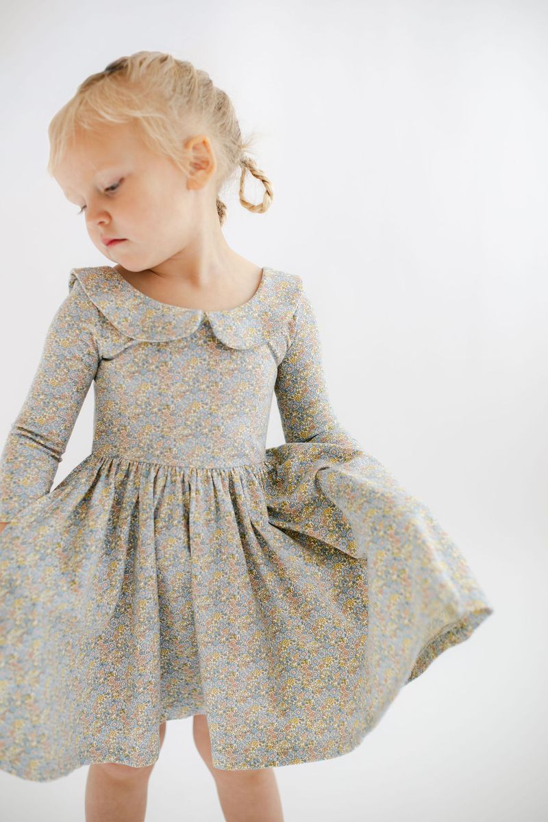 3/4 Sleeve Twirl Dress in Blue Watercolor Floral Collared