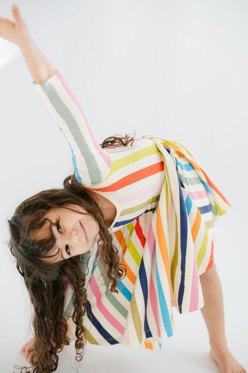 3/4 Sleeve Twirl Dress in Bright Stripes