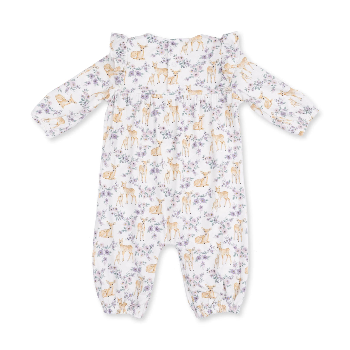 Angel Dear floral deer ruffle sleeve romper with cute deer print, soft fabric, and ruffled short sleeves for babies.