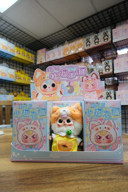 Baby Three plush cat wardrobe blind box featuring a soft, cute stuffed cat toy in a colorful packaging.