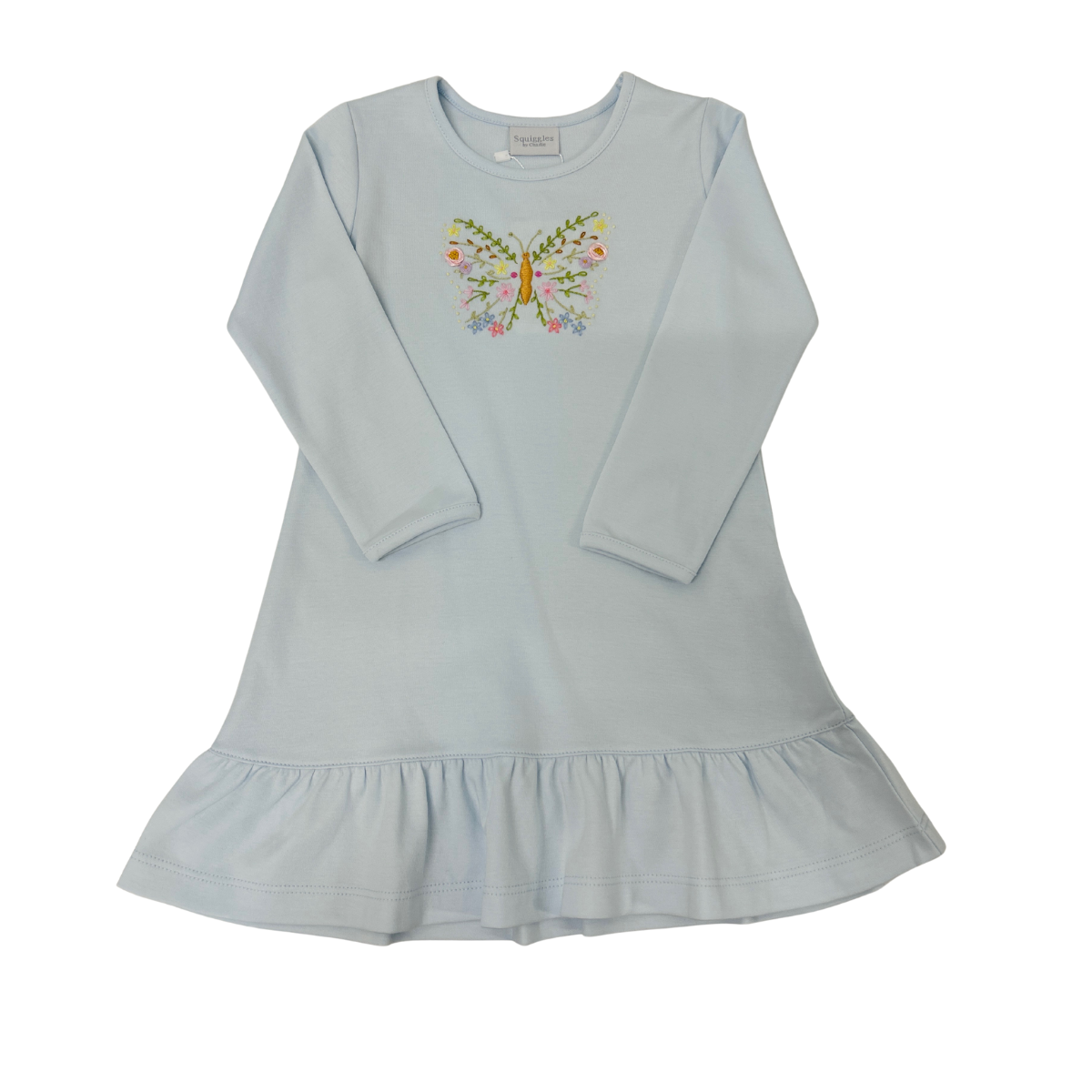 Squiggles - Light Blue L/S Dress w/ Butterfly Embroidery