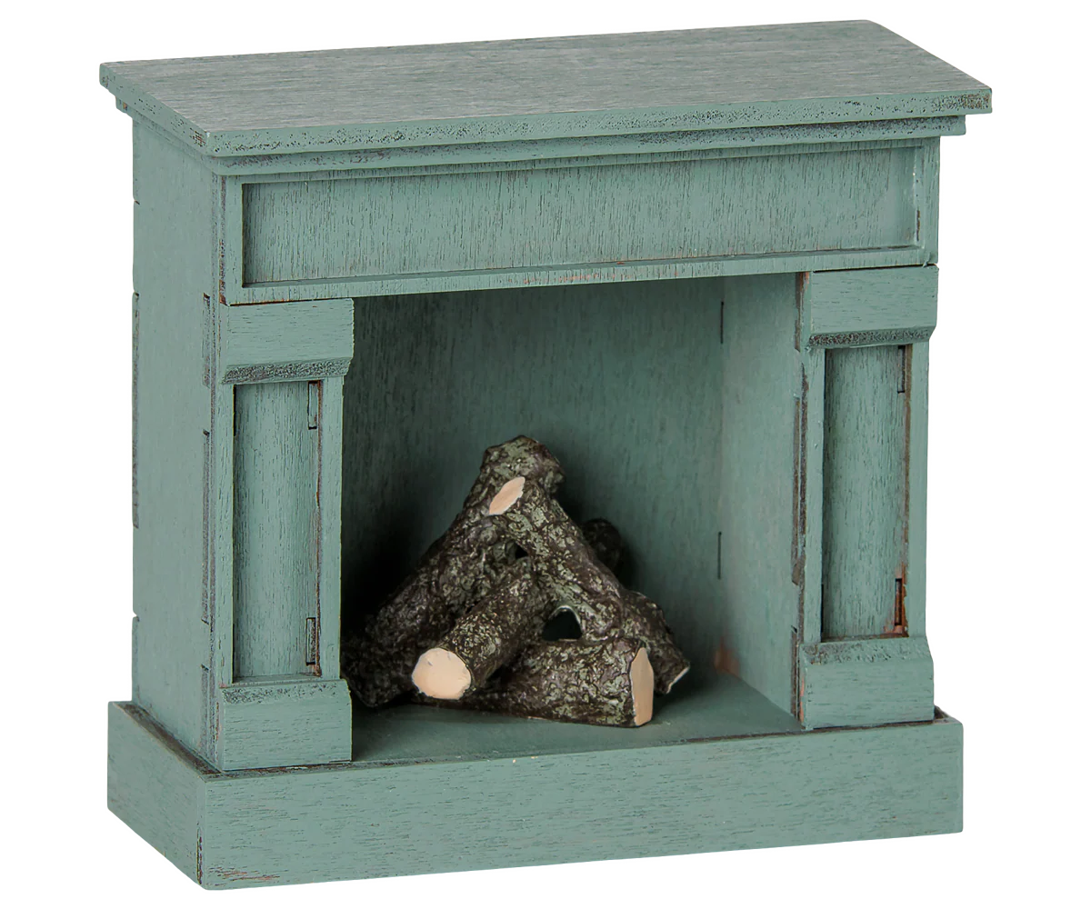 Blue Maileg Mouse Fireplace toy, soft fabric mouse with cozy fireplace accessory for imaginative play