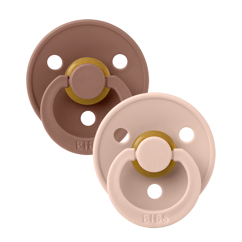 BIBS Pacifier 2-pack in Woodchuck and Blush colors, featuring natural rubber nipple and rounded shield for babies.