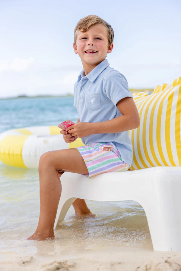 Southampton Stripe and Worth Ave White Tortola swim trunks by The Beaufort Bonnet Company, featuring a colorful striped pattern and white accents.