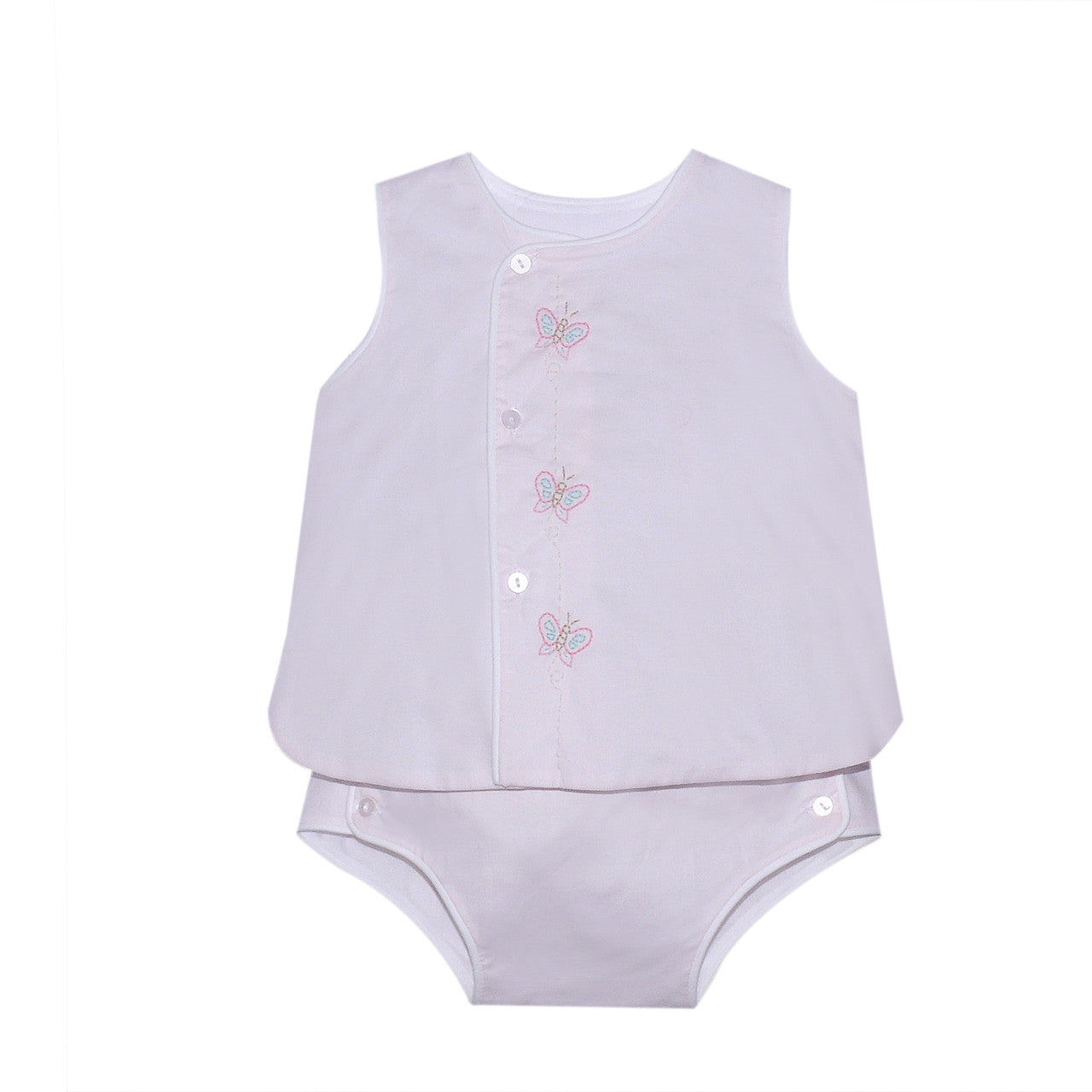 Pink Butterflies Blanche diaper set by Remember Nguyen featuring a soft pink fabric with butterfly embroidery for baby girls.
