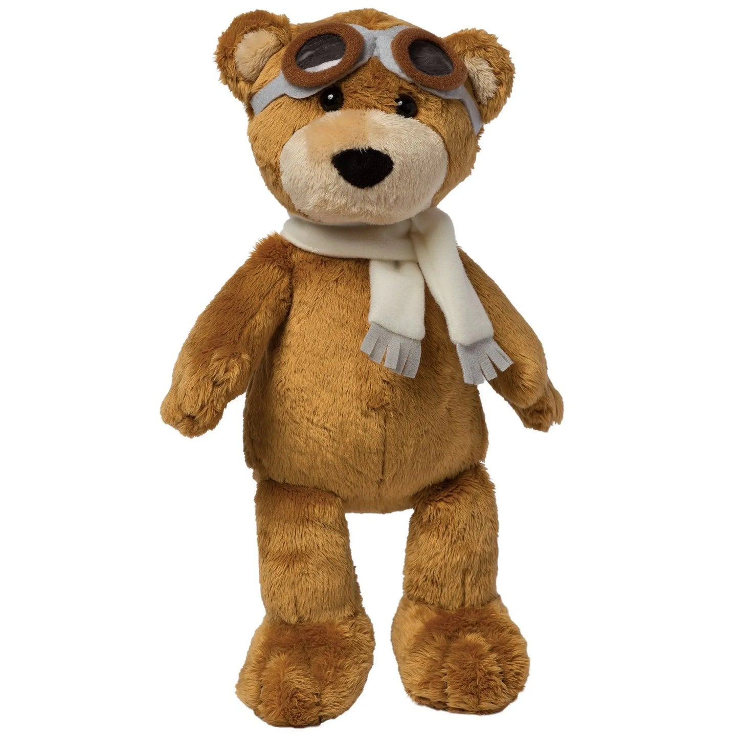 Manhattan Toy Aviator Bear plush toy wearing aviator hat and goggles, front view, soft and cuddly stuffed animal for children.