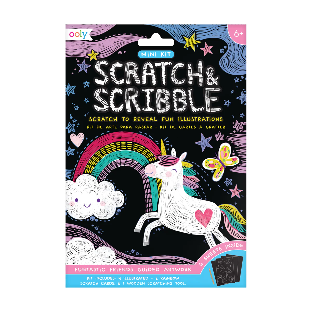 Funtastic Friends Scratch and Scribble Mini Scratch Art Kit by ooly, colorful scratch art cards with fun designs and tools for kids.
