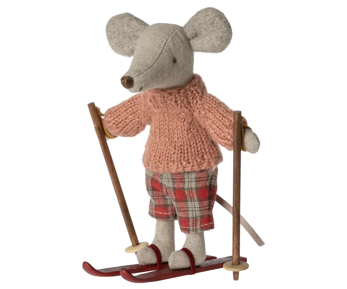 Maileg Winter Mouse with Ski Set for Big Sister, dressed in winter clothing, holding skis and ready for snow adventures