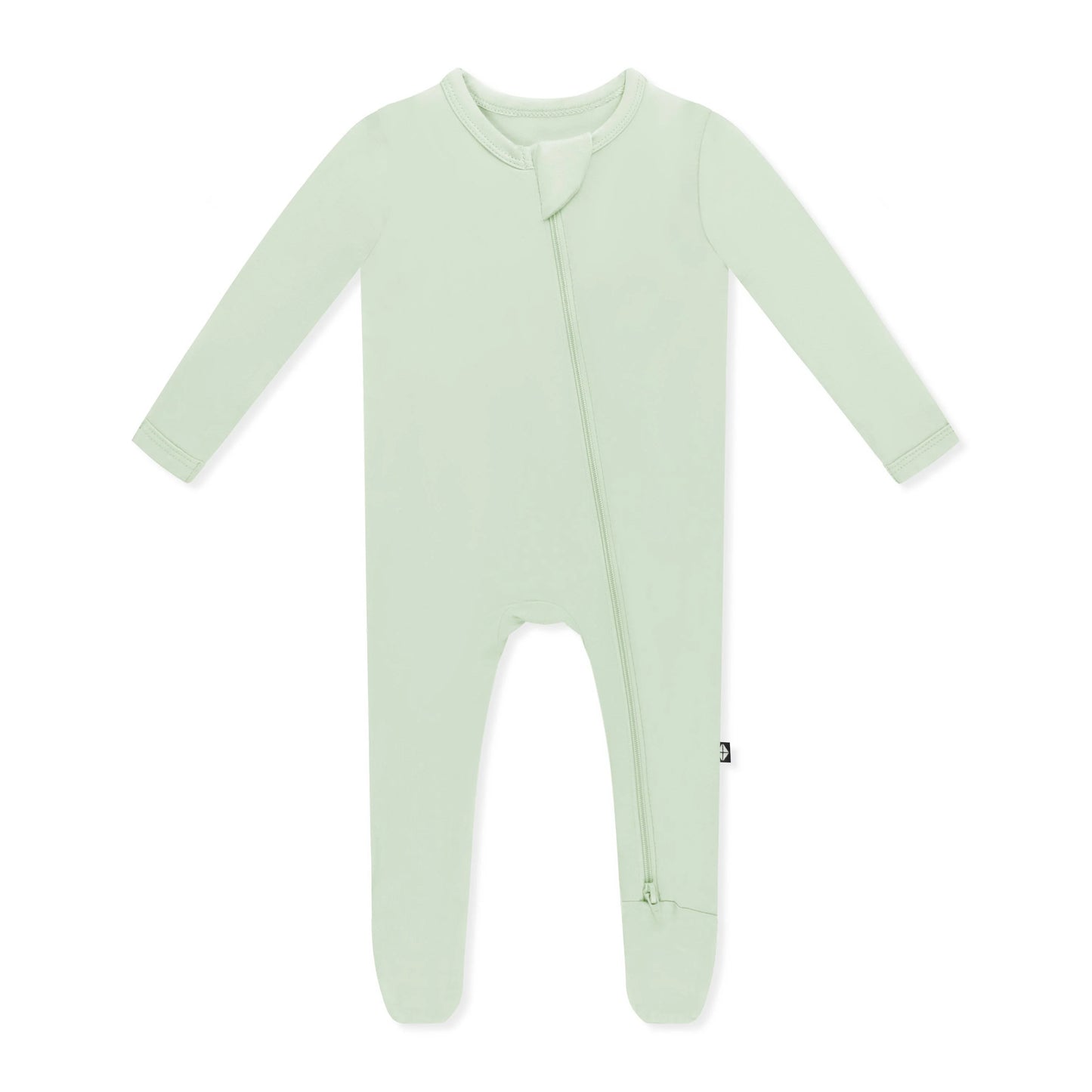 Kyte Baby zippered footie in Basil with soft fabric, featuring a front zipper and cozy design for infants.