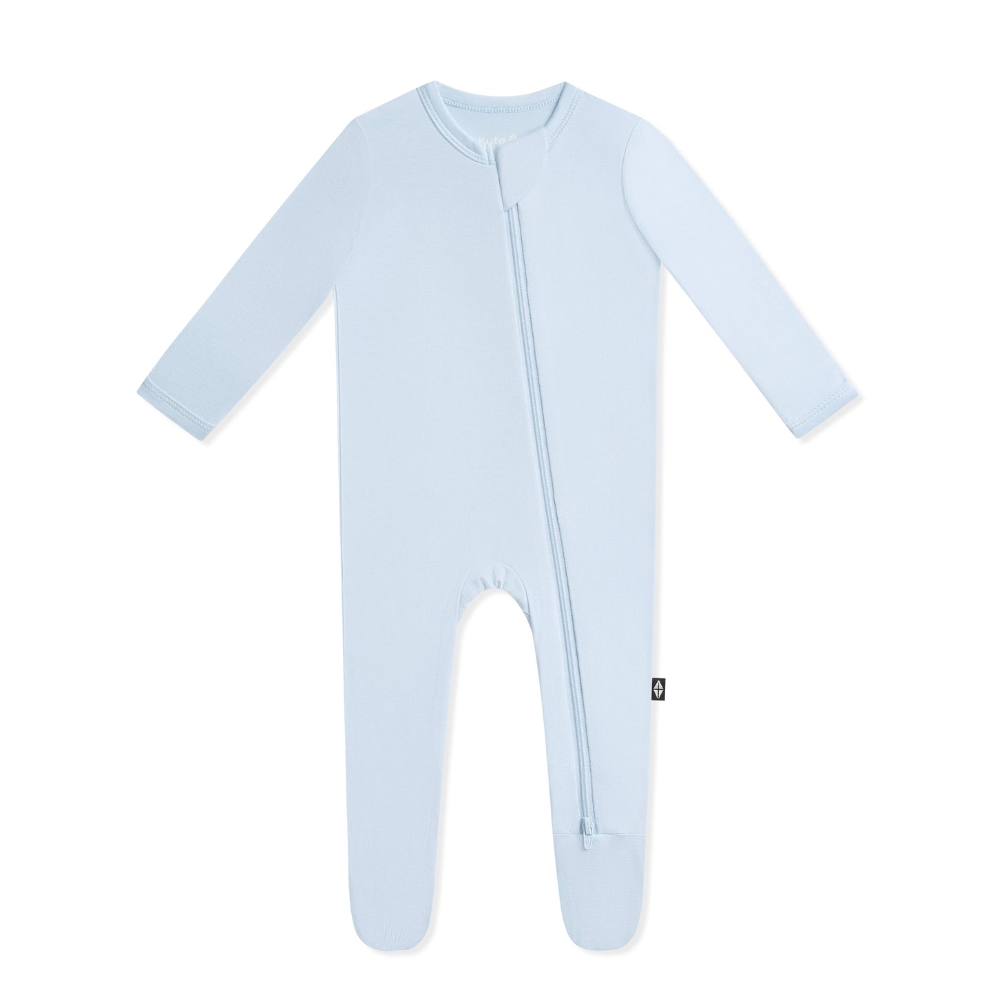 Kyte Baby zippered footie in Breeze fabric, featuring soft, cozy material with a front zipper and footed design for infants.