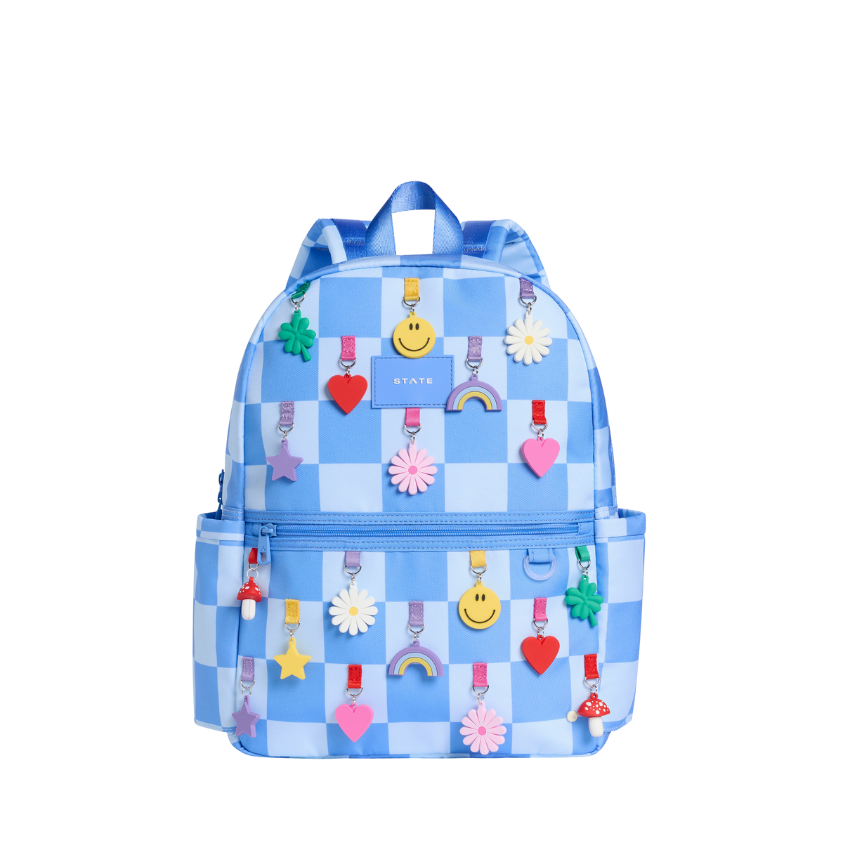 Blue check Kane backpack with charm details from State Bags, featuring a stylish and functional design for everyday use.