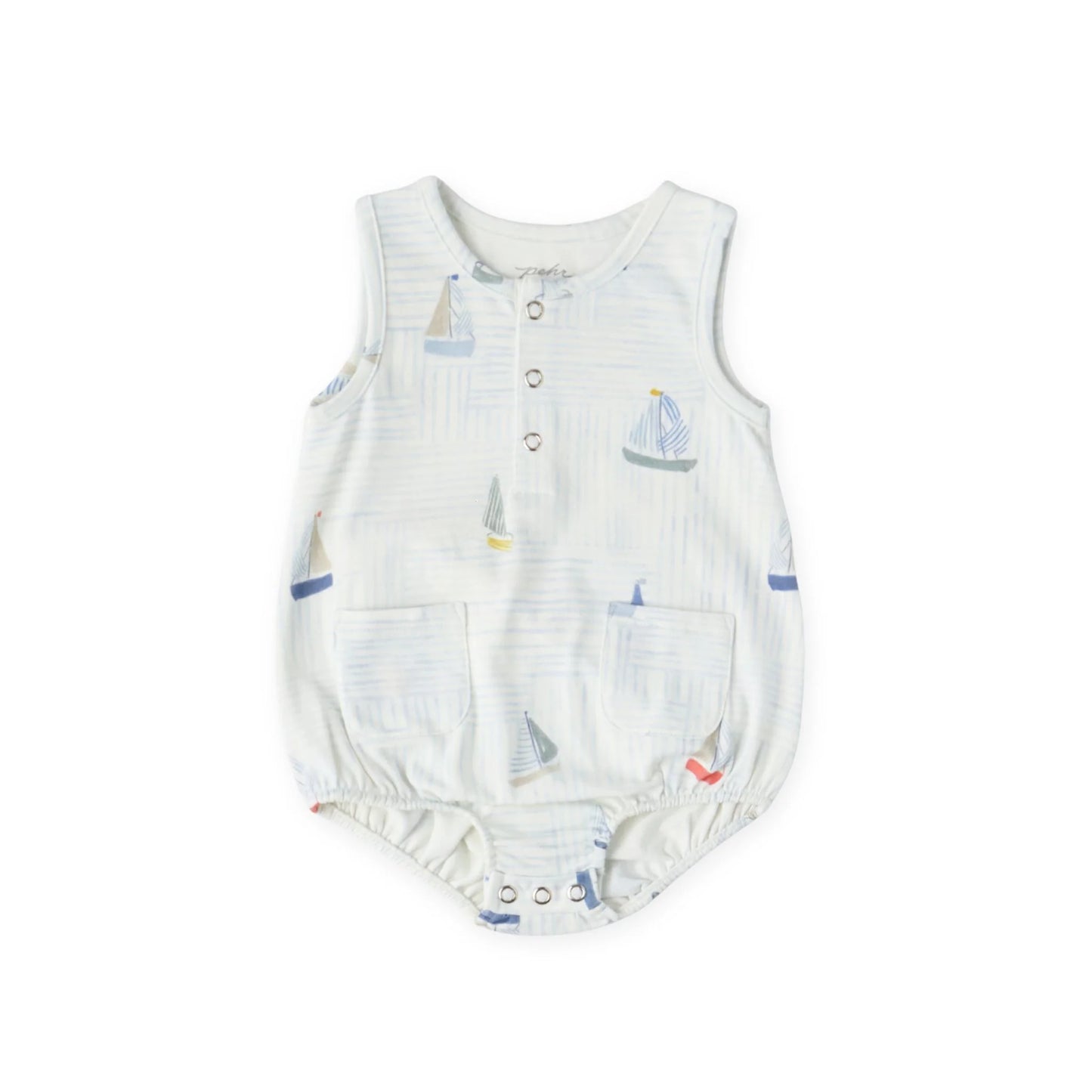 Pehr Set Sail sleeveless one-piece for babies, featuring nautical print and comfortable fit, perfect for warm weather.
