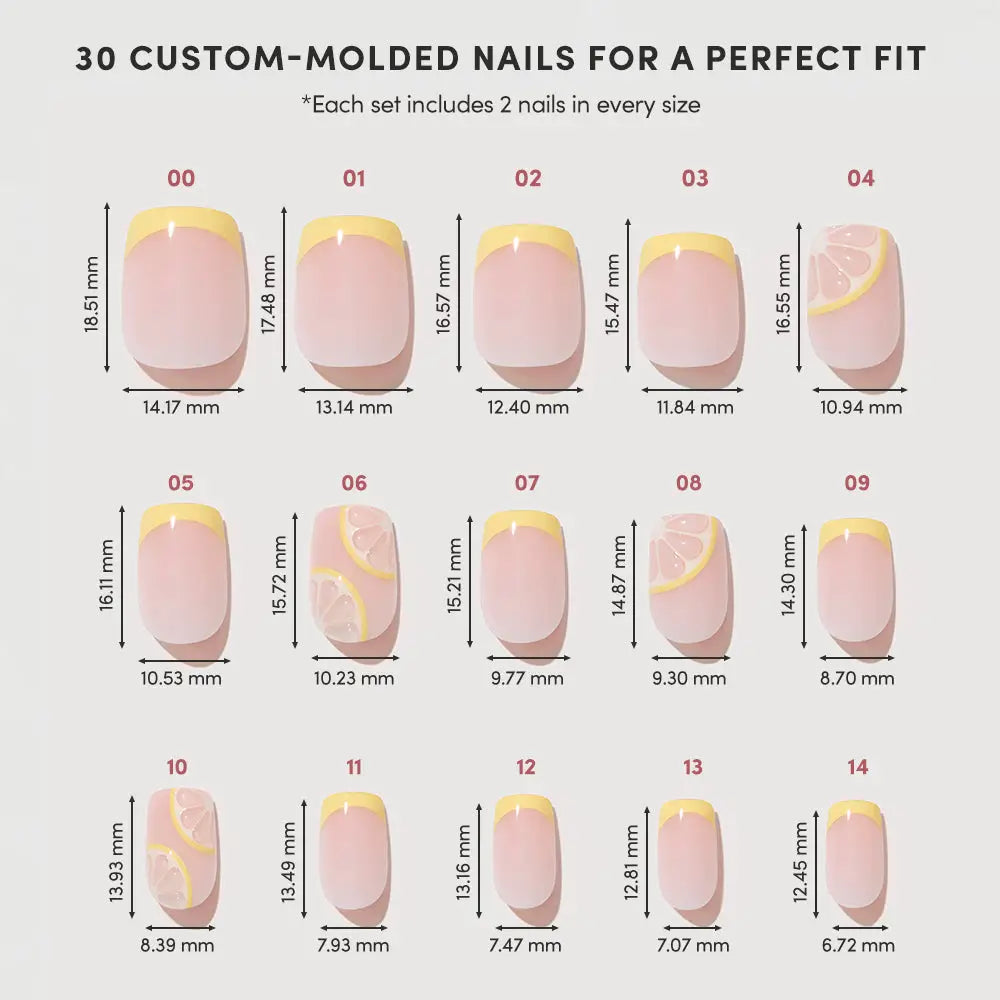 Glamnetic yellow French tip short squoval Limonata press-on nails, showcasing a stylish and vibrant nail design with clean edges.