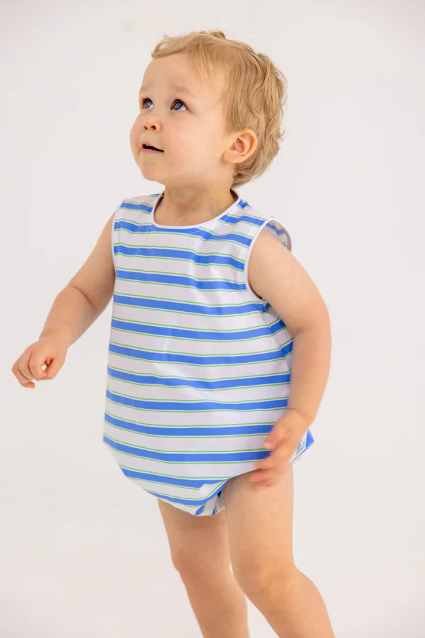 Seabrook Stripe Benjamin Bubble by The Beaufort Bonnet Company, featuring a colorful striped cotton baby bubble romper.