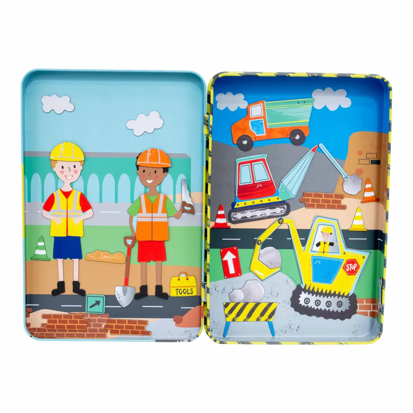 Construction magnetic playset by Floss & Rock featuring colorful magnetic tools and building pieces for imaginative play.