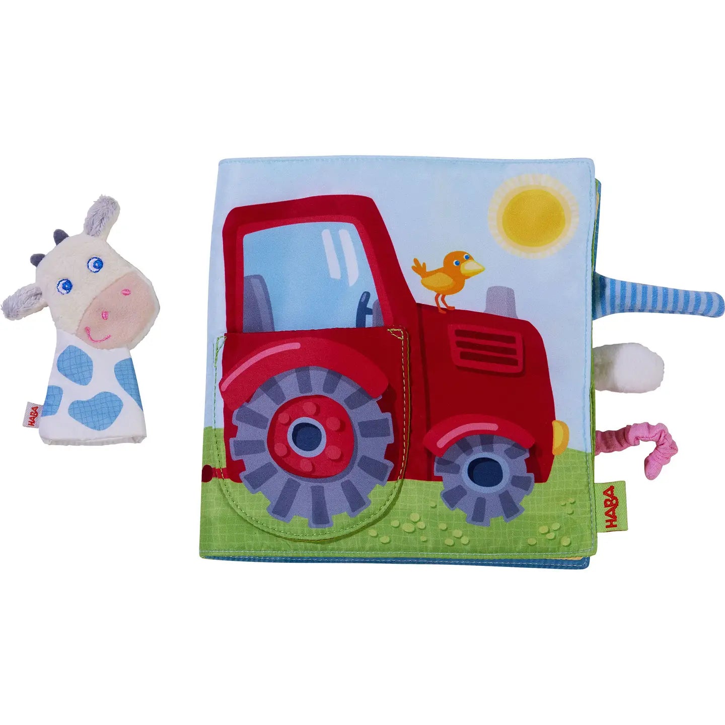 Haba USA - Farm Soft Book w/ Cow Puppet - Interactive Fabric Baby Book