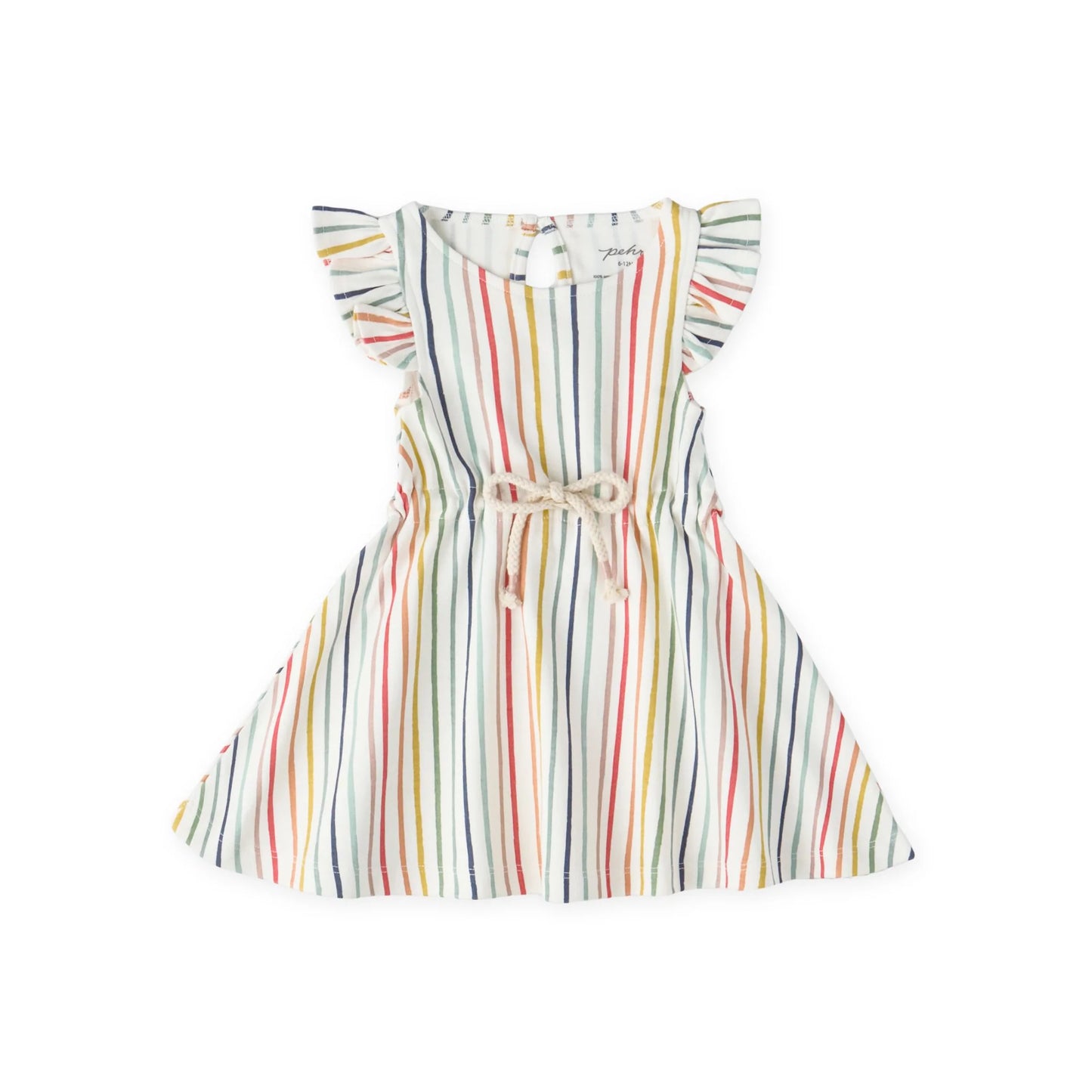 Pehr Stripes Away Rainbow Tank Dress with colorful striped pattern, sleeveless design, and casual fit for children.