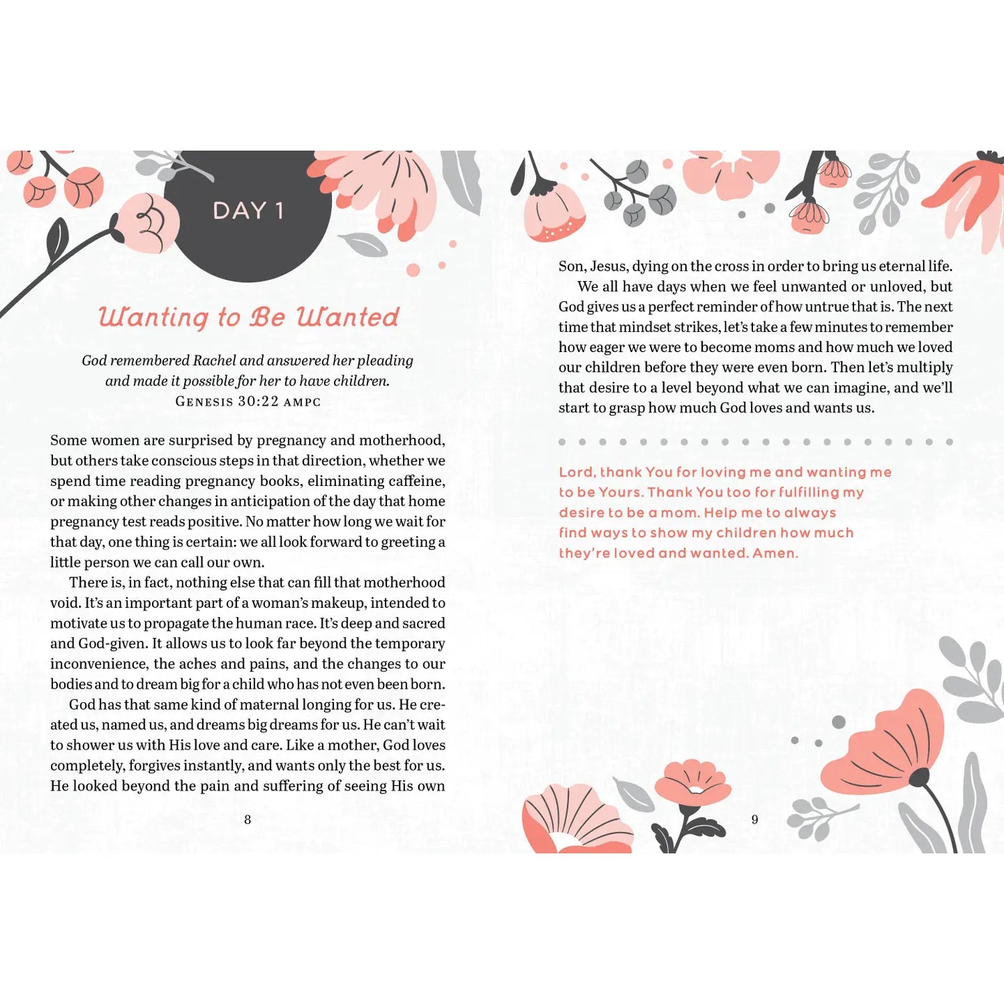 Open 100-Day Devotional for Moms book by Barbour Publishing, Inc., showing pages with inspirational daily messages for mothers.