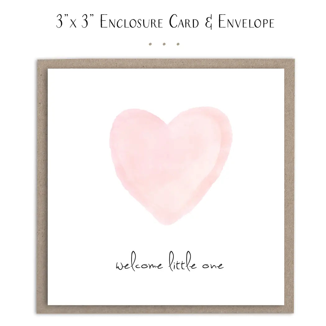 Pink heart baby girl mini card with "Welcome Little One" message, plain design, from Sweet E's Children's Boutique.
