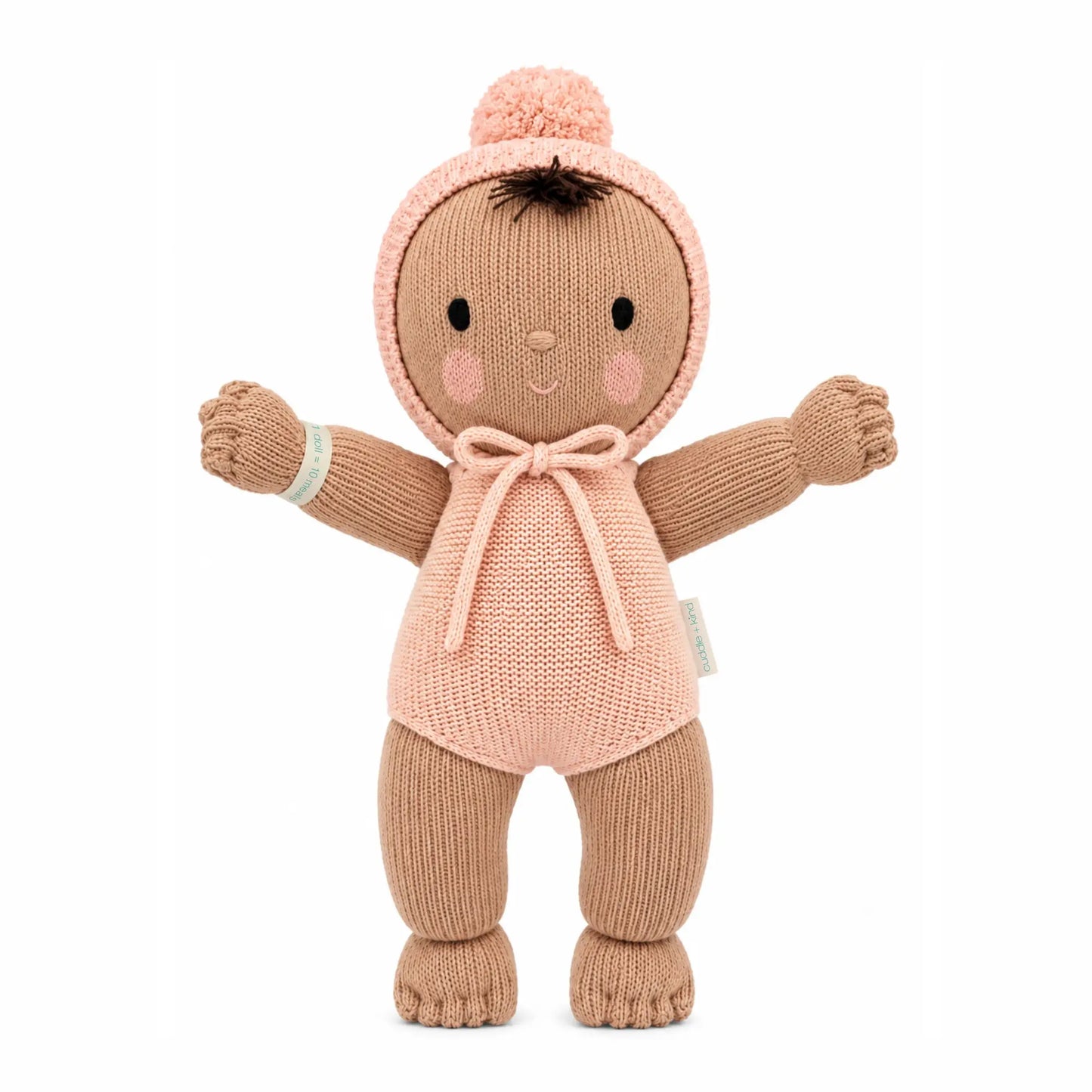 Cuddle + Kind My First Baby Peach plush toy with soft, textured fabric and embroidered facial features, designed for infants.