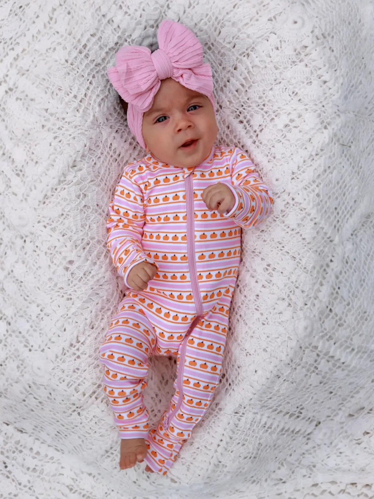SIIX Collection - Pumpkin Stripe Pink Organic 2 Way Zip Romper