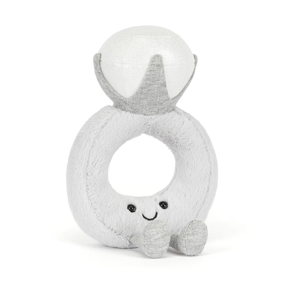 Jellycat Amuseables diamond ring with shiny silver band and sparkling gemstone, displayed on a white background