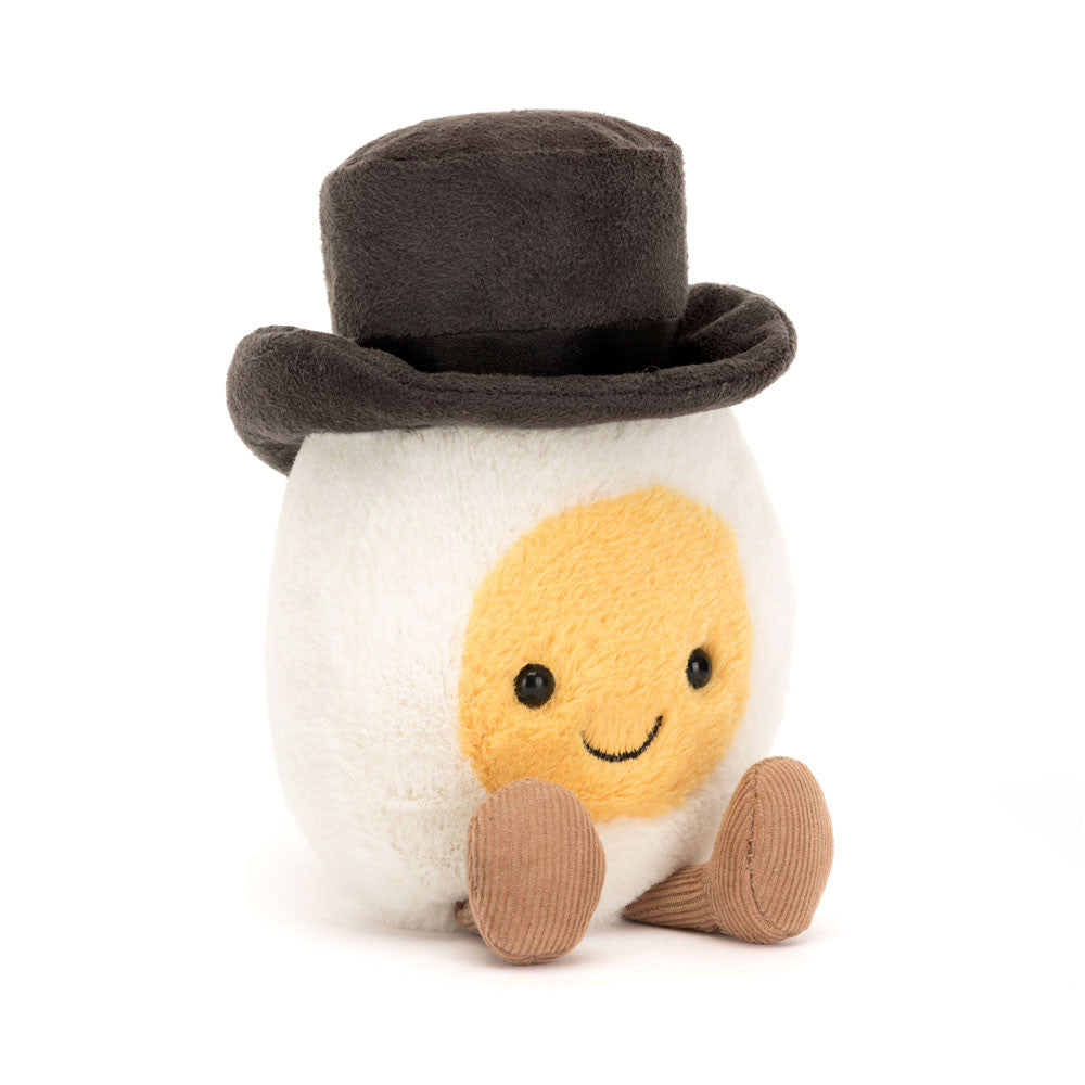 Jellycat Amuseables Boiled Egg Groom plush toy with soft yellow and white fabric, featuring a cute egg face and embroidered details.