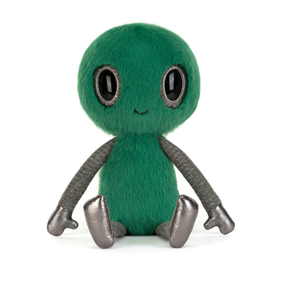 Soft Jellycat Zyllan Alien plush toy with green body, large eyes, and friendly expression, perfect for cuddling and play.
