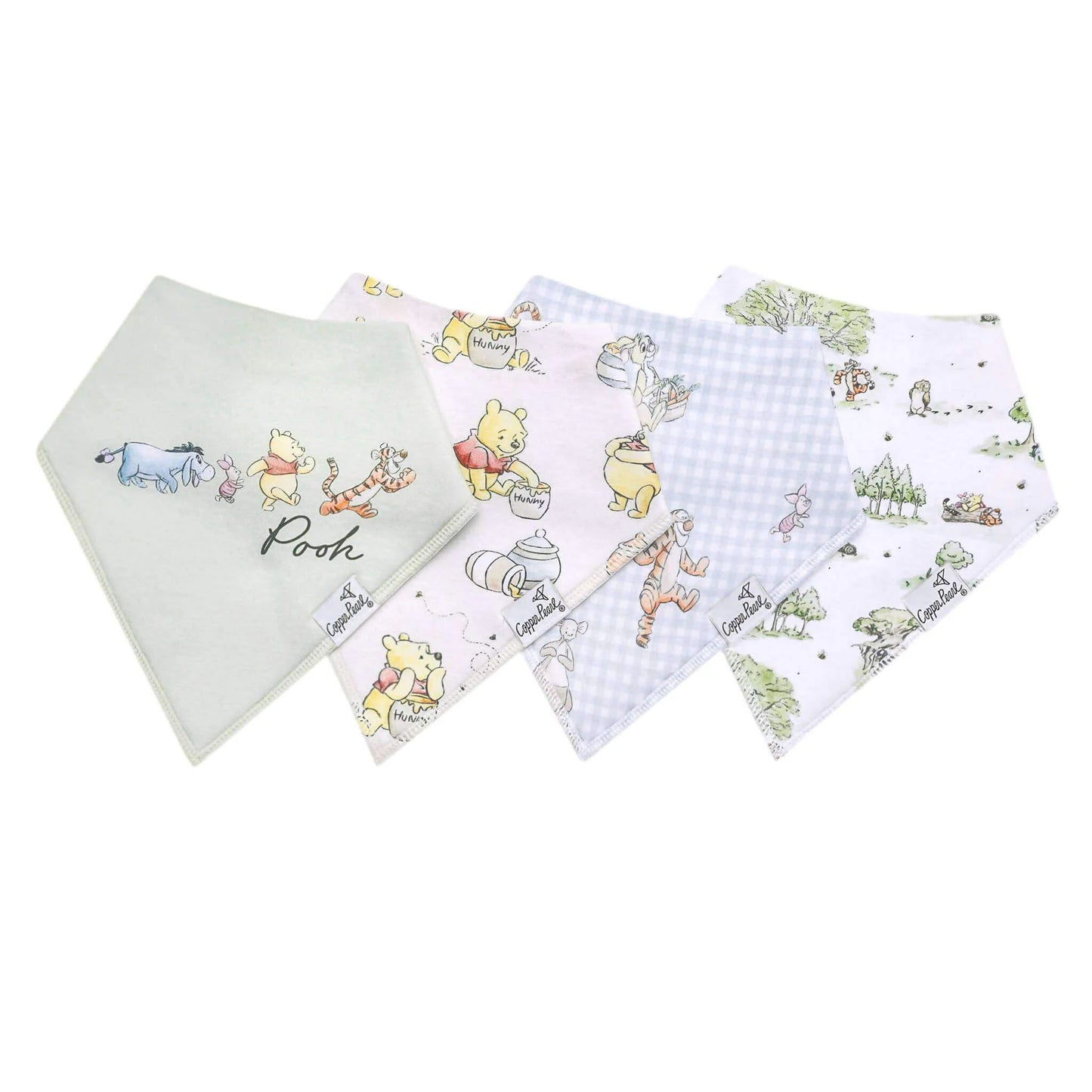 Copper Pearl Hundred Acre Wood baby bandana bib set featuring woodland-themed patterns on soft, absorbent fabric for infants.