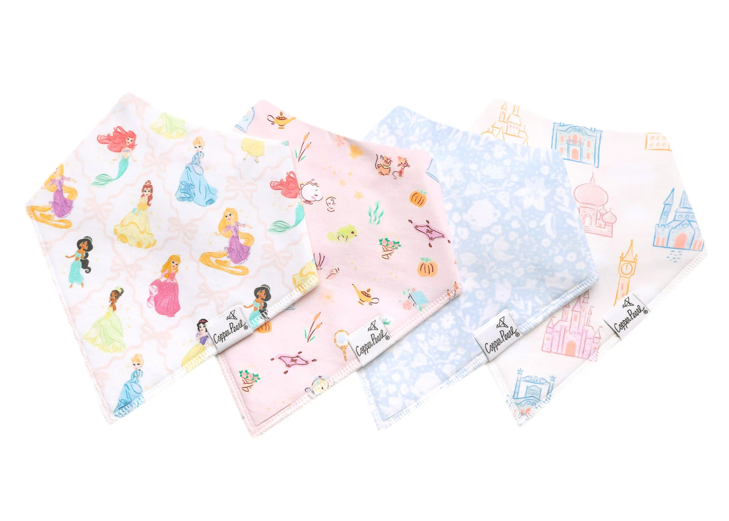 Set of four Disney Princess bibs by Copper Pearl, featuring colorful, soft bandana bibs with princess designs for babies.