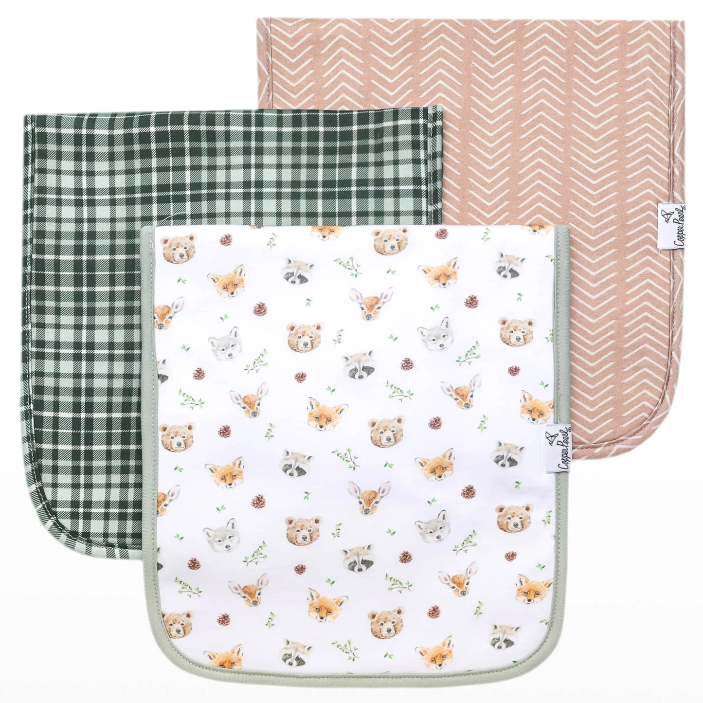 Set of Copper Pearl Wilder Premium Burp Cloths featuring soft, absorbent fabric with playful patterns for comfortable baby care.