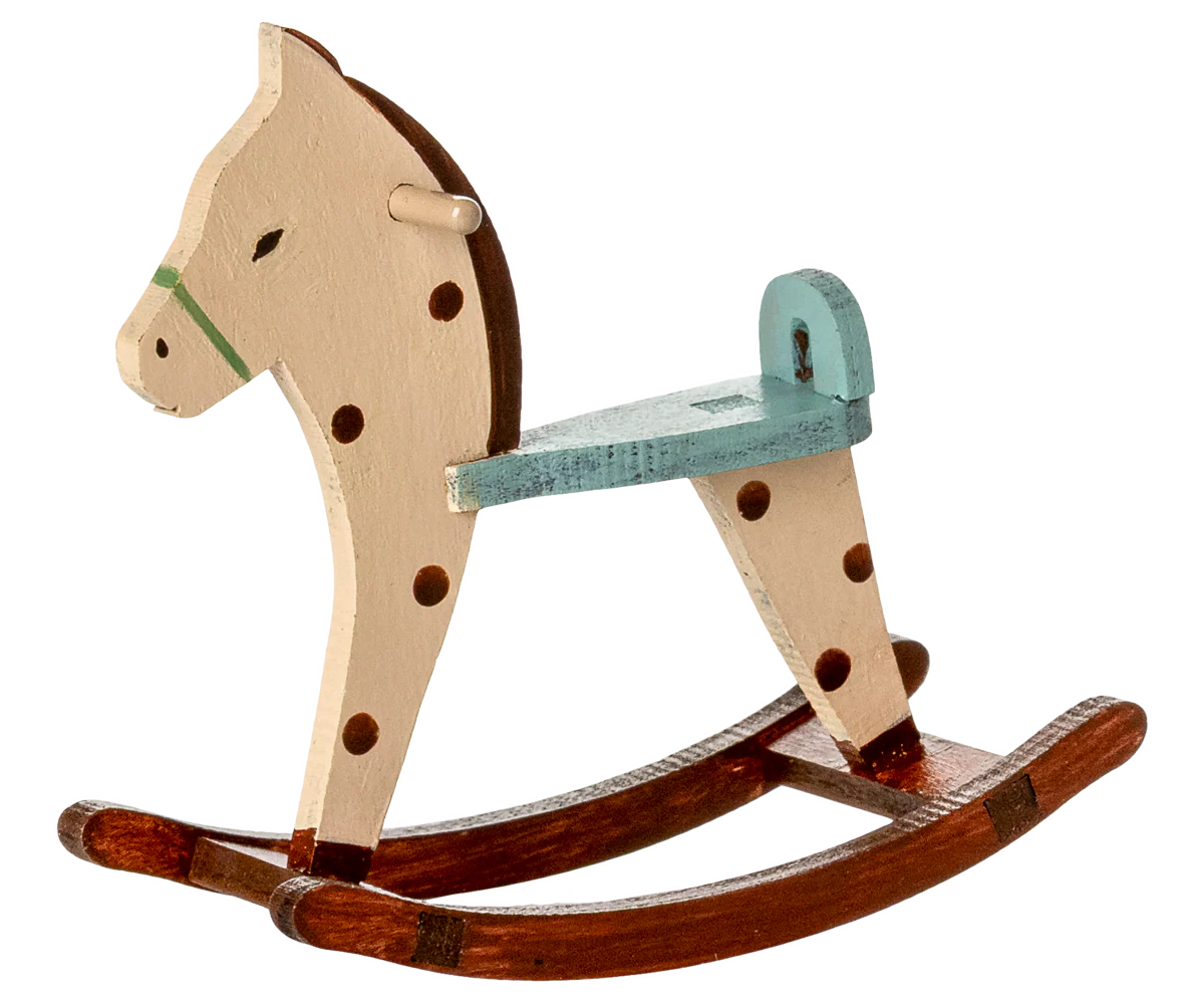Maileg spotted mouse rocking horse toy with colorful spots, perfect for children's play and imaginative fun.