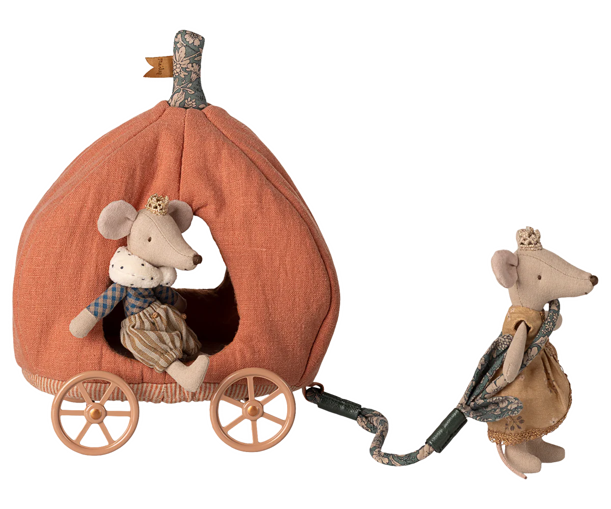 Maileg pumpkin carriage with a mouse figurine, detailed miniature toy for children or collectors.