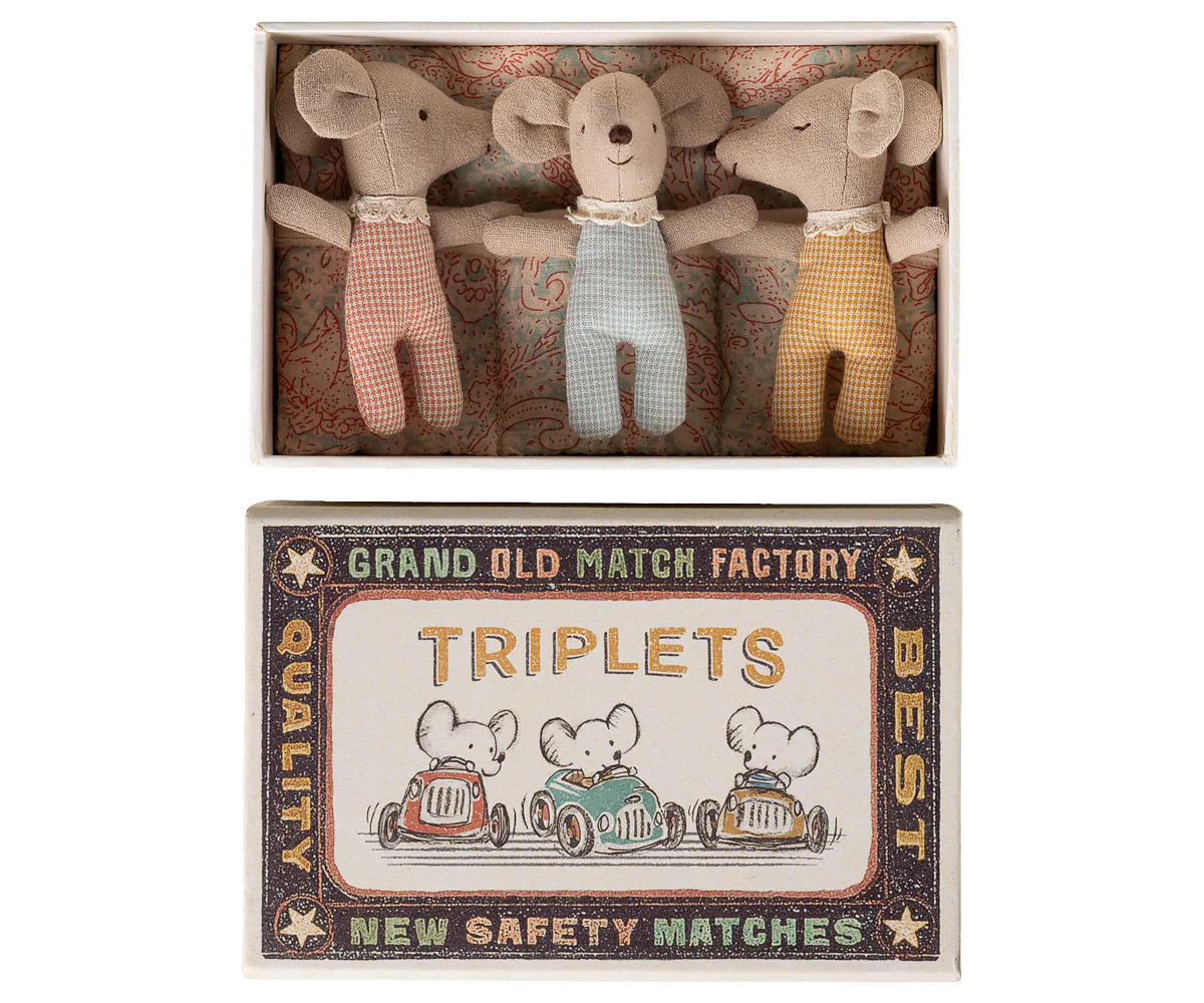 Maileg triplet baby mice in a matchbox, colorful checker design, adorable miniature toy figures for children or collectors