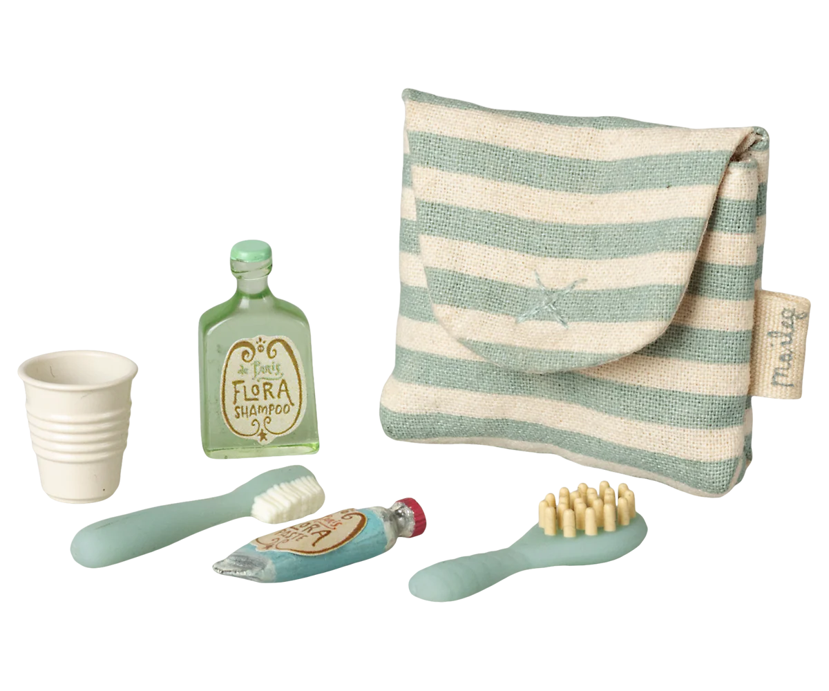 Maileg Mouse toothbrush set in blue stripe travel bag, includes toothbrush and case for kids' oral hygiene.