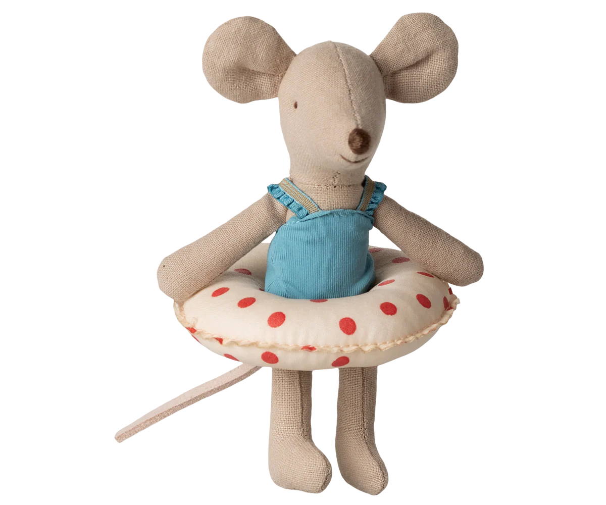 Maileg beach mouse plush toy with float, red dots, and little sister design, perfect for kids' summer play and imaginative fun.