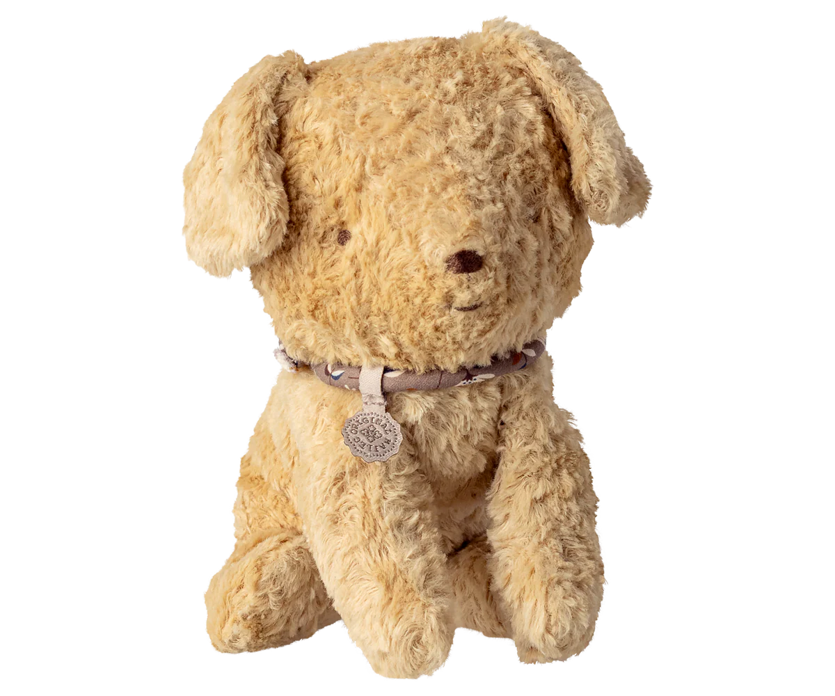 Small Maileg puppy plush toy with soft sand-colored fur, perfect for cuddling and play.