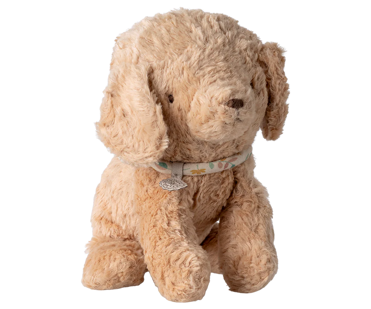 Small Dusty Powder Puppy plush toy from Maileg featuring soft fabric and detailed features, perfect for cuddling and play.