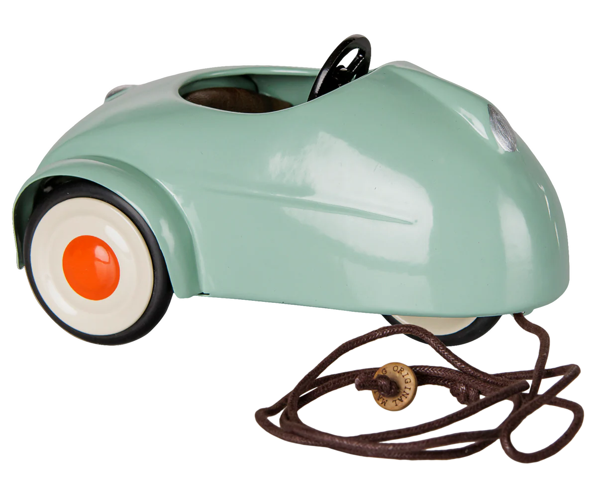 Maileg light mint-colored car and mouse toy set, soft fabric with detailed features, perfect for children's play and collectibility.