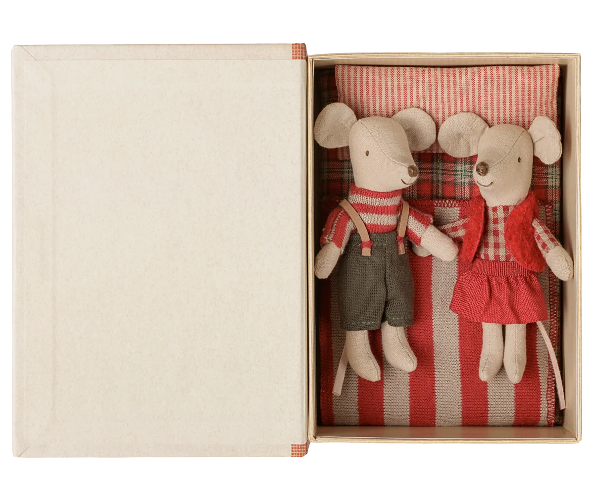 Maileg Christmas twin mice, little sister and brother sitting in a book box