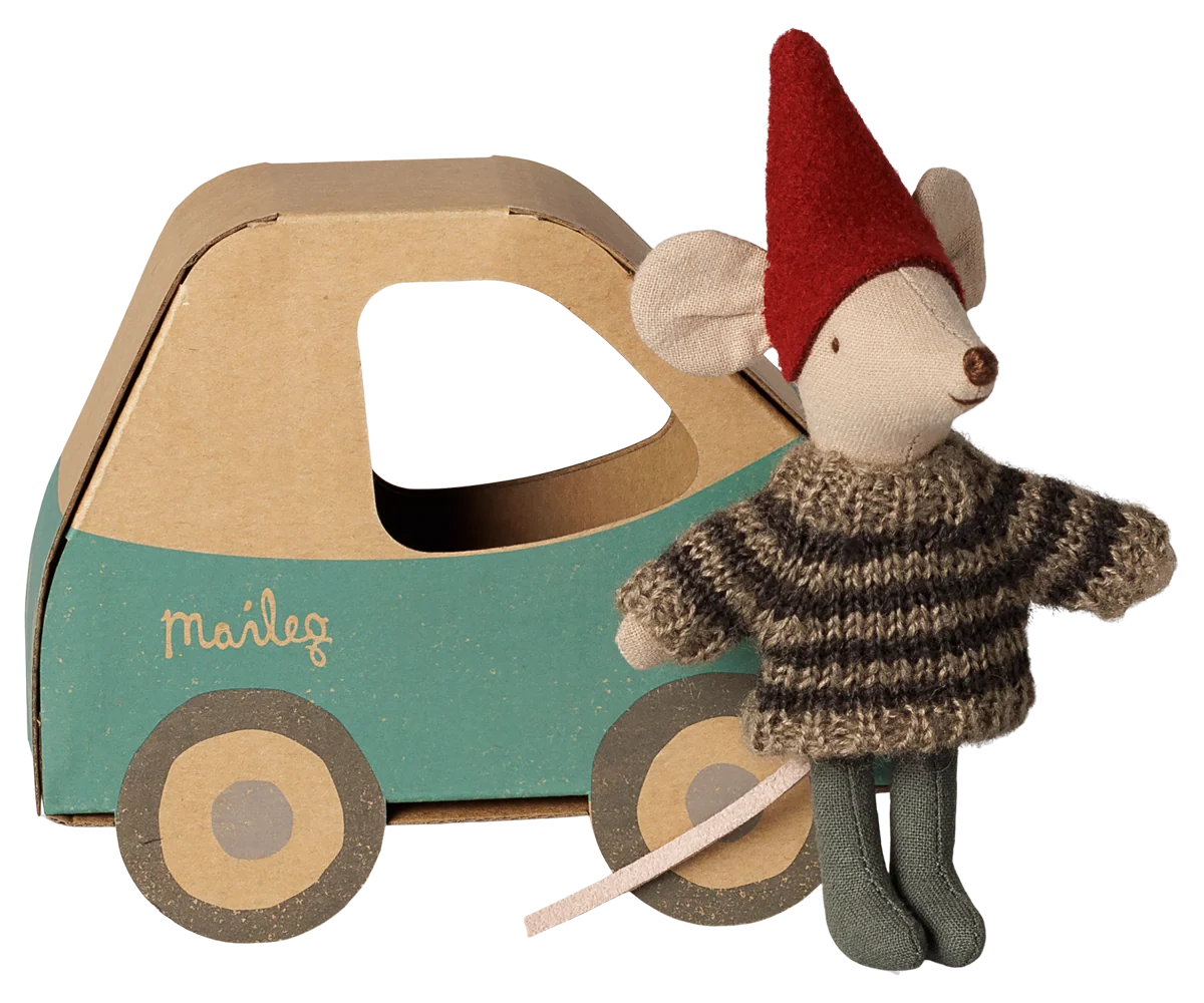 Maileg Christmas mouse, Little Brother in a car box festive toy figure