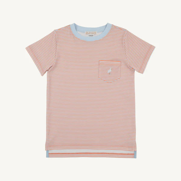 The Beaufort Bonnet Company Carter crewneck with seashore sherbert and Buckhead blue stripe, featuring a multicolor stork design.