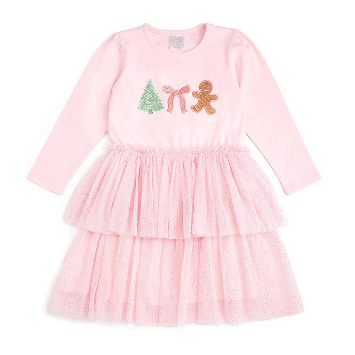 Gingerbread Embroidered Christmas Long Sleeve Tutu Dress