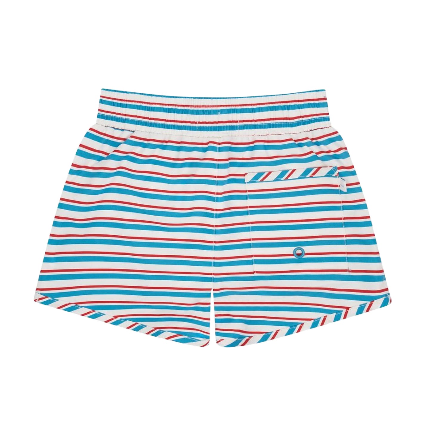 Minnow boys' striped boardie swim trunks with colorful horizontal stripes, suitable for boys' beachwear and swimming activities.