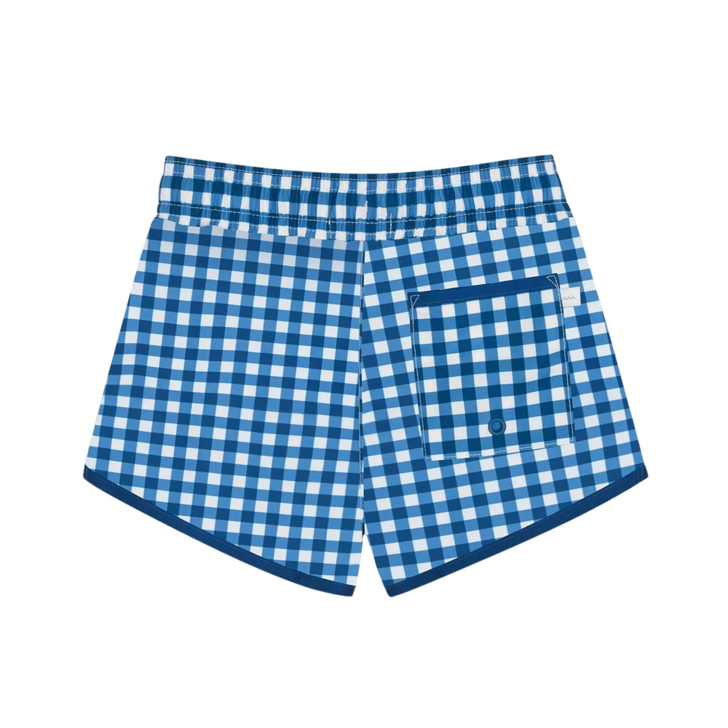 Boy's navy gingham board shorts by Minnow featuring a classic checkered pattern and elastic waistband for casual summer wear.